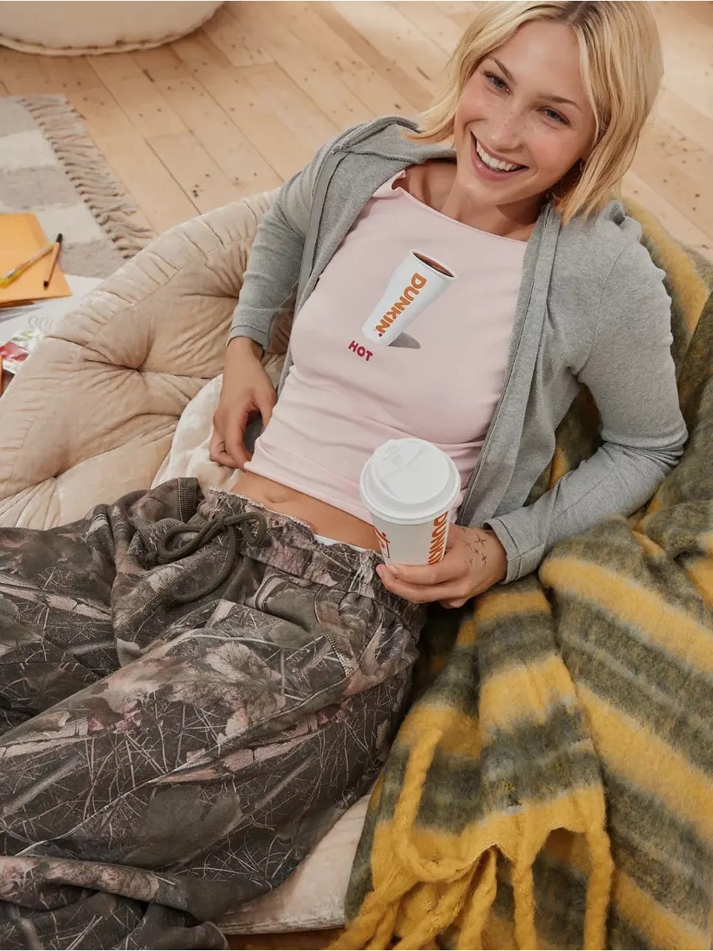 (UO-74) Dunkin' UO Exclusive Graphic Cotton Compression Boatneck Tee